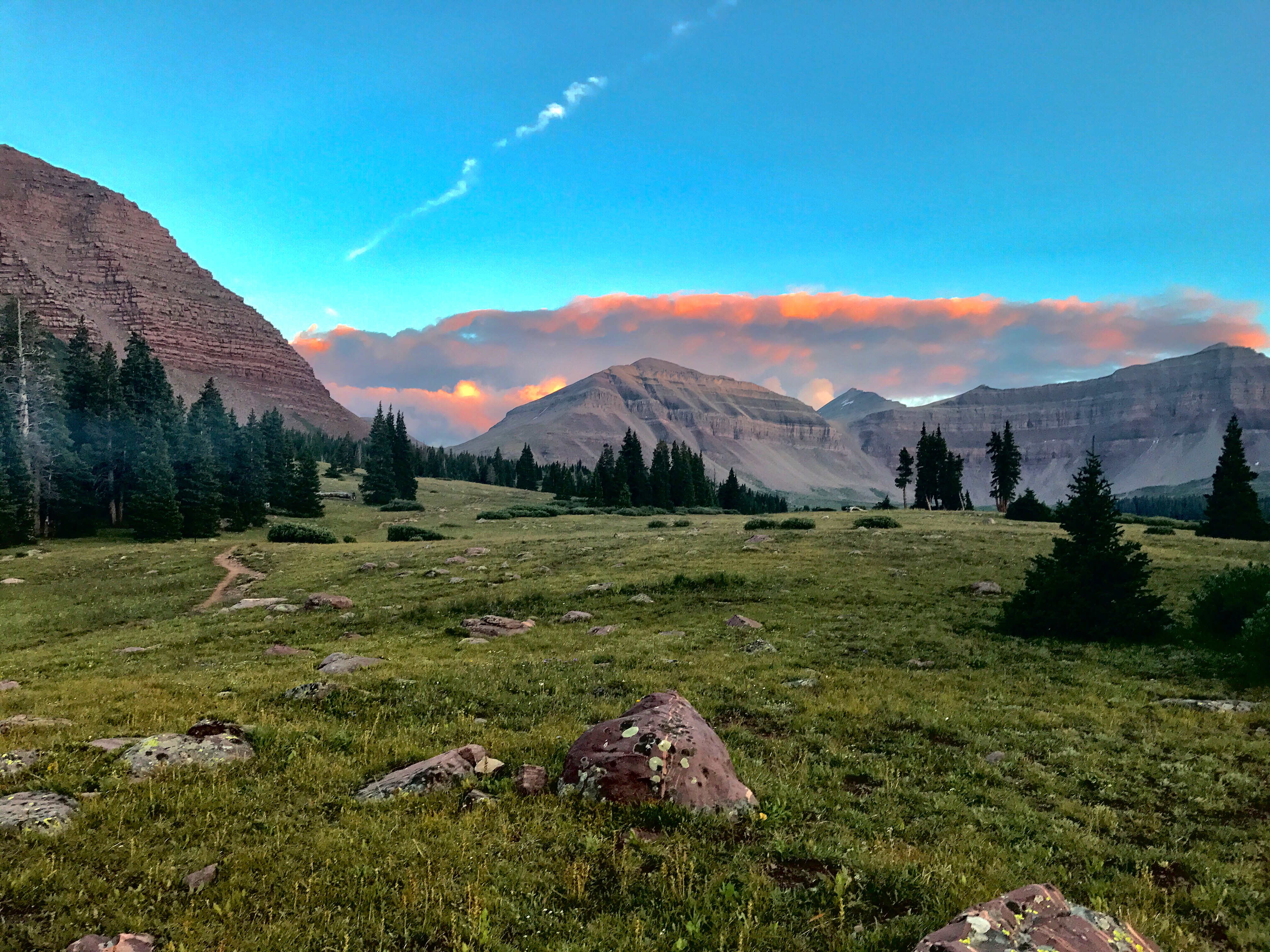 High alpine meadow and peaks at sunset in the Uinta Mountains